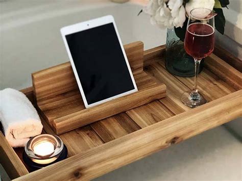 Handmade Wooden Bath Tray with iPad Stand | Gadgetsin