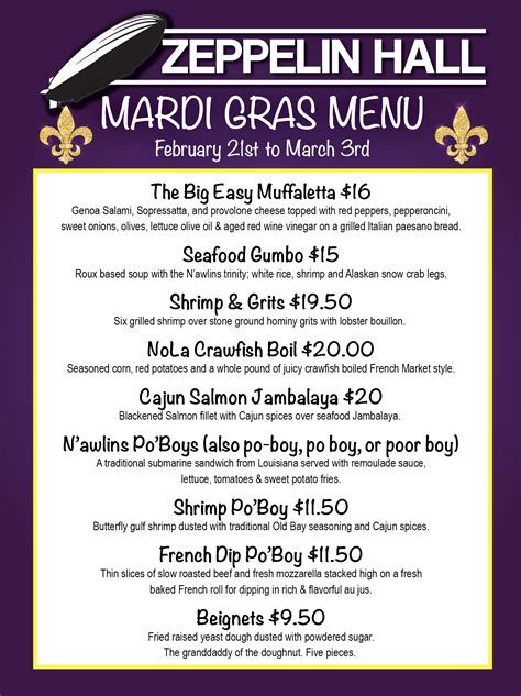 Mardi Gra Menus - Zeppelin Hall