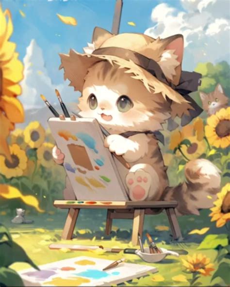 Cute Anime Cat Drawing with Sunflowers