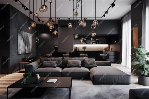 Premium AI Image | A black and white living room with a black sofa and ...