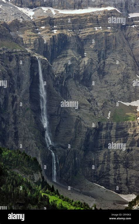 The Cirque de Gavarnie and the Gavarnie Falls / Grande Cascade, highest waterfall of France in ...