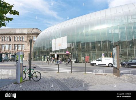 The Strasbourg-Ville train station with its modern glass facade in the ...