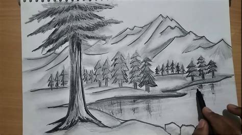 how to draw nature / mountain scenery with river and trees - YouTube