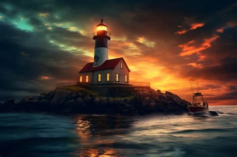 Premium AI Image | Lighthouse on the sea at sunset