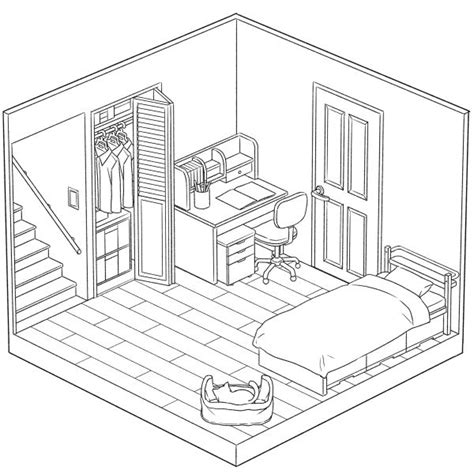 Isometric Sketch of Bedroom with Stairs | Interior Design Inspiration