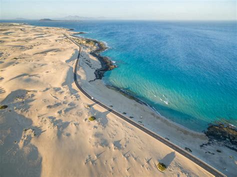 Aerial view of Corralejo Dunes Natural Park and sea in Fuerteventura, Canary Islands. stock photo