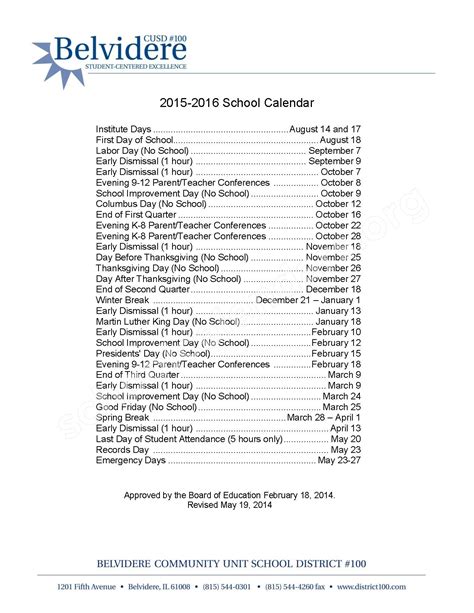 2015 - 2016 School Calendar | Belvidere Community Unit School District ...