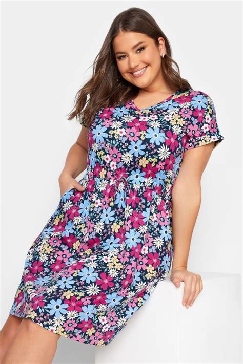 YOURS Curve Plus Size Blue Floral Mini Dress | Yours Clothing