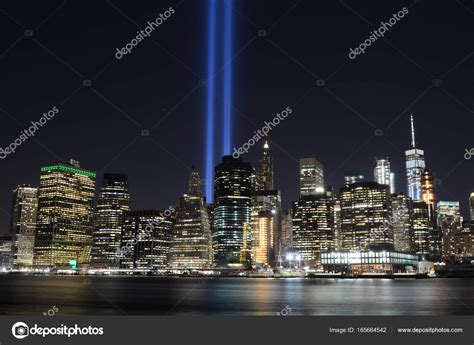 9/11 Memorial Lights in Downtown Manhattan, September 2017 Stock Photo ...