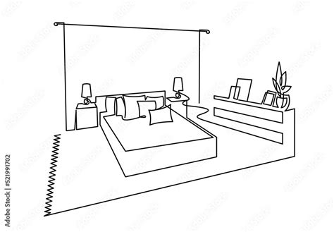 Modern bedroom furniture interior continuous one line drawing. Room ...
