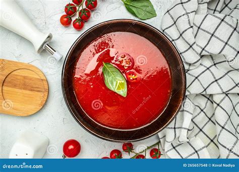 Tomato Soup with Basil in a Bowl on a Light Background. Long Banner ...