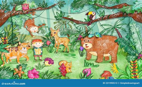 Amazon Rainforest Jungle Wildlife Hand Drawn Background. Cute Oil Pastel Drawing Crayon Doodle ...