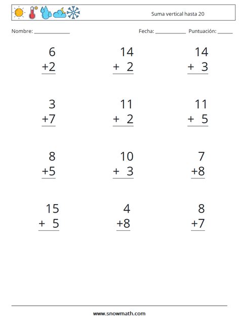 (12) suma vertical hasta 20 Hojas de trabajo de matemáticas 1Hojas de ...