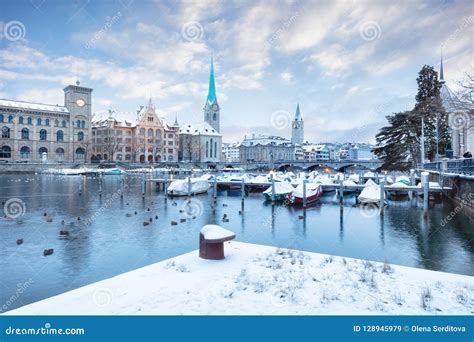 Old Zurich Town in Winter, View on Lake Stock Image - Image of bell ...