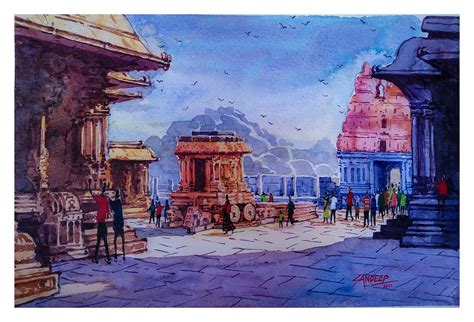 ArtStation - hampi landscape watercolor painting