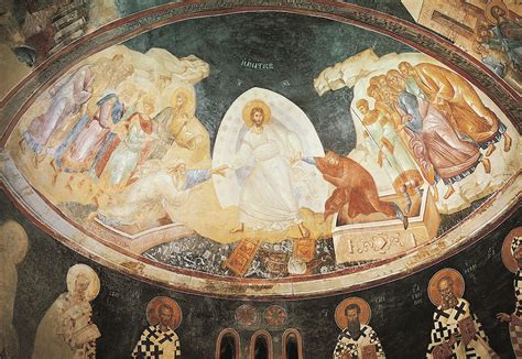 LATER BYZANTINE FRESCO: Anastasis, apse fresco in the parekklesion of the Church of Christ in ...