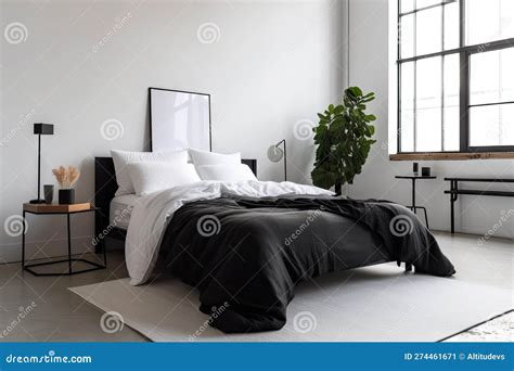 Minimalist Bedroom with Black Furniture and White Bedding Stock ...