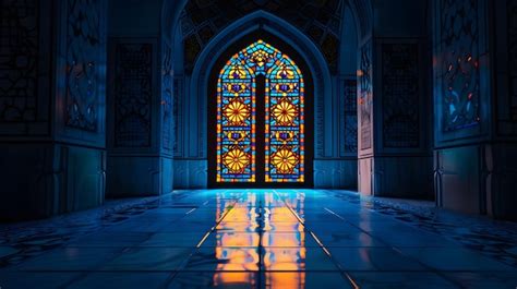 Premium Photo | Bright blue stained glass door in the dark at islamic ...