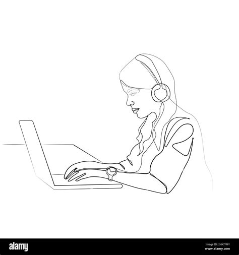 Vector line drawing girl with laptop continuously hand drawn one line design. Freelance work ...