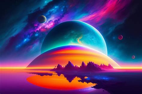 Premium Photo | A colorful galaxy wallpaper with a planet and mountains