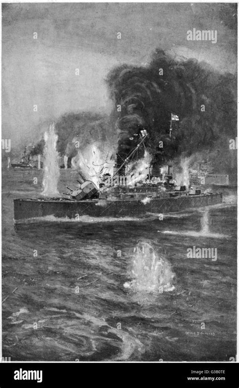 A German battleship is disabled by HMS 'Warspite' at the Battle of Stock Photo - Alamy