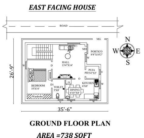 35'6"x26'9" 1BHK East facing small house plan as per vastu shastra, autocad drawing file details ...