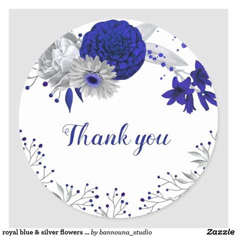 royal blue & silver flowers thank you classic round sticker | Zazzle ...