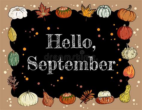 Hello September Chalkboard Inscription Cute Cozy Banner with Pumpkins ...