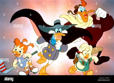 DARKWING DUCK, (from left): Gosalyn Mallard, Darkwing Duck, Honker Muddlefoot, Launchpad McQuack ...
