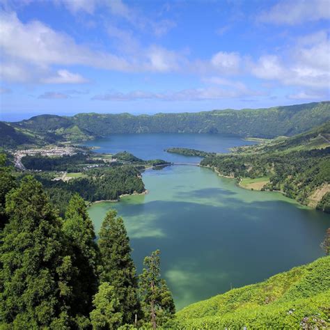 The view of Lagoa das Sete Cidades from the roof of the abandoned hotel ...