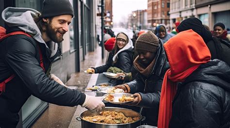 Premium AI Image | Volunteers giving food to homeless people