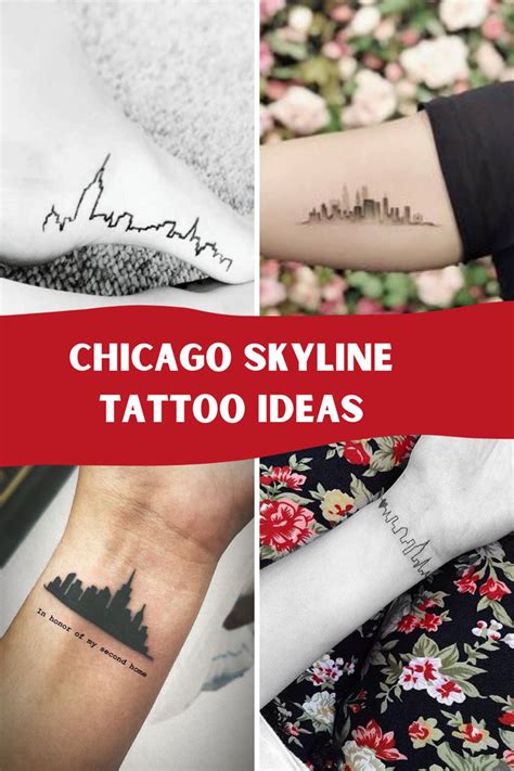 chicago skyline tattoo designs on both wrist and arm, with the words chicago skyline written in ...