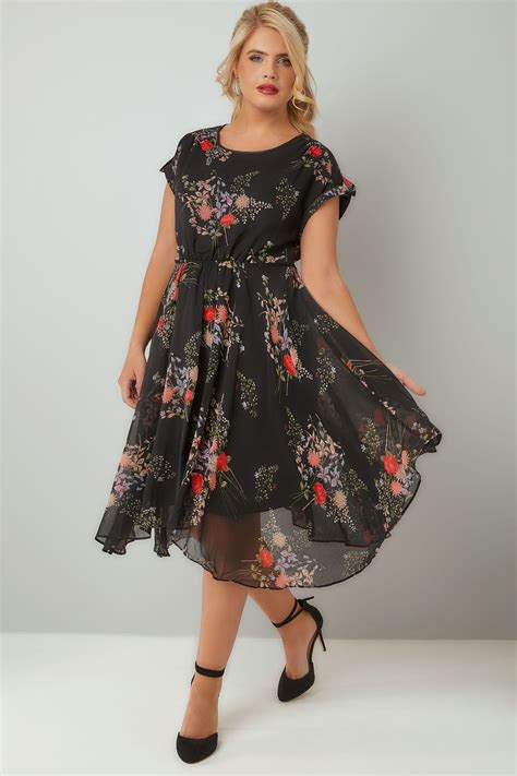 Black & Multi Vintage Floral Print Chiffon Dress With Hanky Hem, Plus size 16 to 36