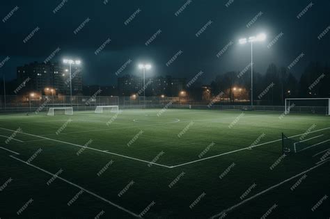 Premium AI Image | A soccer field with a stadium lights on the dark night.