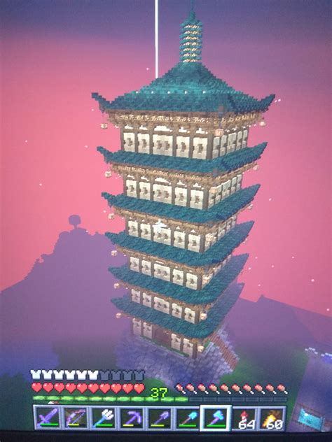 Japanese style tower in my survival world. Partially Inspired by SheepGG : r/Minecraft