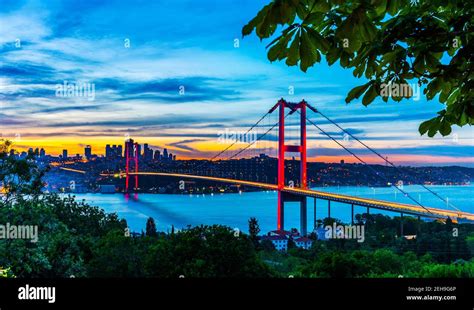 ISTANBUL, TURKEY. Panoramic view of Istanbul Bosphorus on sunset. Istanbul Bosphorus Bridge (15 ...