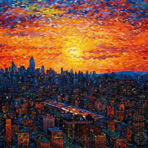 painting of a city skyline with a sunset in the background. generative ai. 28459369 Stock Photo ...