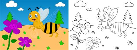 Cute Cartoon Bee Coloring Page With Line Art Vector Illustration Background, Bee, Coloring Page ...