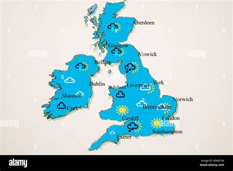 Studio UK weather map showing rain sun cloud and thunder storms in different areas Stock Photo ...