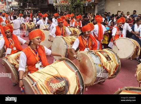 PUNE, MAHARASHTRA, INDIA, September 2019, Youngster with Shivmudra Dhol ...