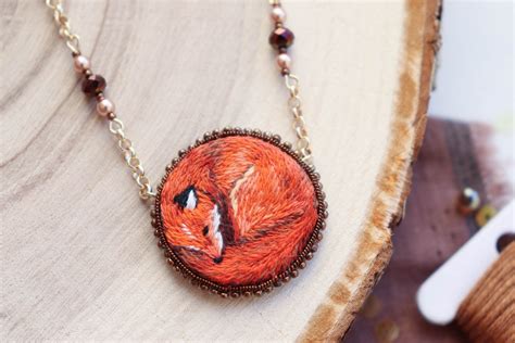 Red fox necklace dainty fox jewelry embroidered fox charm | Etsy