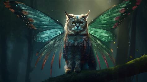 A Cute Little Happy Cat Flying on Its Wings. Winged Cat, Cat with Owl Wing on Fantasy Forest ...