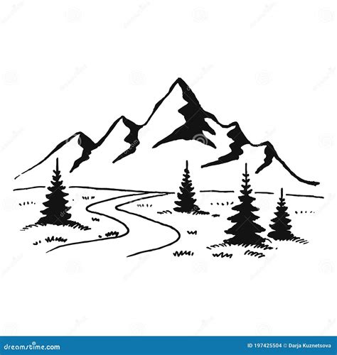 Hand Drawn Illustration of Mountain Landscape with Pine Trees Stock Vector - Illustration of ...