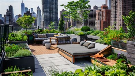 Urban Rooftop Garden with Furniture and Plants Stock Image - Image of ...