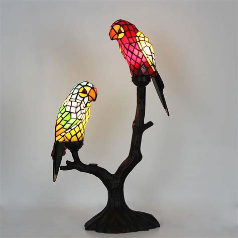 Tall Tiffany birds parrot table lamps bedside set of 2 lights home bedroom livingroom decor ...