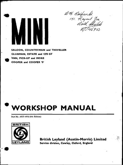 Mini Cooper Workshop Manual 1971 - Compressed | PDF