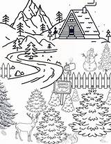 Winter Scene Coloring Page Adult Fun Christmas Holiday Deer Cabin Snow  sketch template
