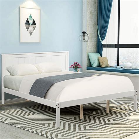 White Queen Bed Frame, Modern Wood Platform Bed Frame with Headboard, Heavy Duty Queen Bed ...