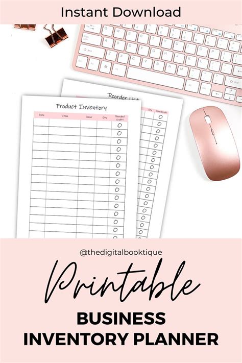 the printable business inventory planner is on top of a desk with a keyboard and mouse