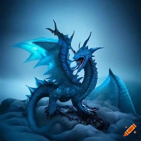 Blue dragon resting on a snowy mountain peak on Craiyon